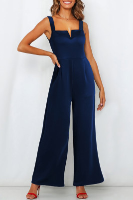 Blue Notched Neck Smocked Back Wide Leg Sleeveless Jumpsuit LC6413201-105