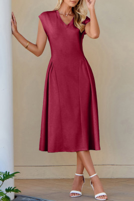 Red Dahlia Solid Color V Neck Pleated Flared Midi Dress LC6123008-P403
