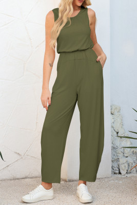 Four Leaf Clover Solid Color Pleated Detail Elastic Waist Sleeveless Jumpsuit LC6413994-P2909