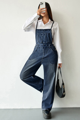 Dark Blue Crossed Tie Straps Bib Pocket Loose Denim Overalls LC784750-5