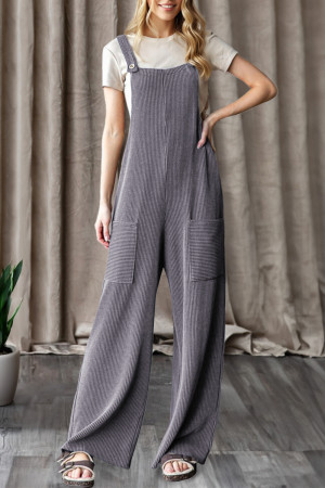 Dark Grey Ribbed Knit Patched Pocket Wide Leg Overalls LC6413832-P2011