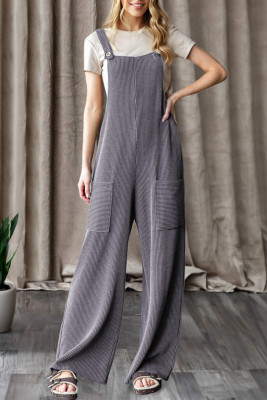 Dark Grey Ribbed Knit Patched Pocket Wide Leg Overalls LC6413832-P2011