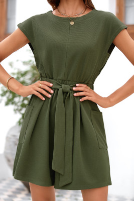 Fern Green Solid Color Waffle Textured Tie Waist Loose Romper LC6413979-P2109