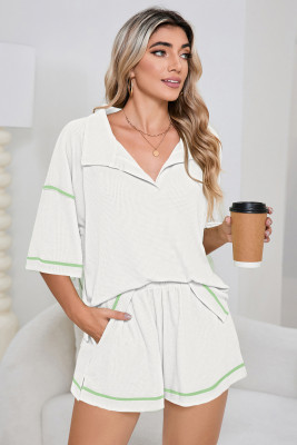 White Breathable Waffle Color Block Trim 2pcs Casual Short Set LC626149-1