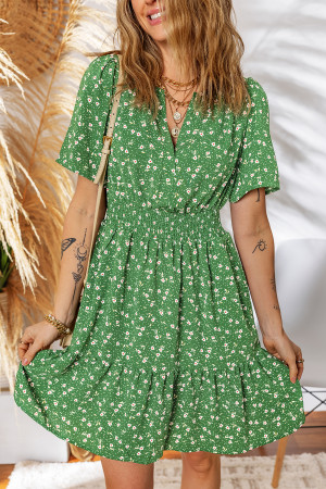 Green Floral Print Wrap V Neck Short Sleeve High Waistband Mini Dress LC6123039-P920