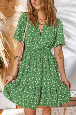 Green Floral Print Wrap V Neck Short Sleeve High Waistband Mini Dress LC6123039-P920