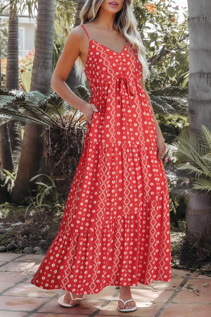 Red Boho Fashion Print Spaghetti Straps Drawstring Maxi Dress LC6122570-P10320
