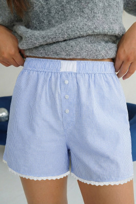 Sky Blue Gingham Plaid Button Detail Lace Trim Boxer Shorts LC7311287-P420