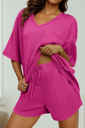 Rose Red Solid Color Waffled V Neck Loose Tee Drawstring Shorts Set LC626808-P6