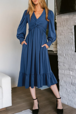 Sail Blue Solid Color Front Twist Puff Sleeve Ruffled Dress LC6121363-P905