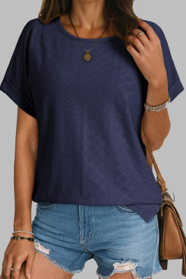 Navy Blue Solid Color Eyelet Jacquard Cuffed Short Sleeve Top LC25226534-P605