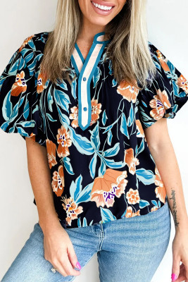 Black Floral Short Bubble Sleeve Buttoned Notched Neck Blouse LC25136009-P220