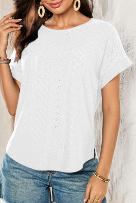 White Solid Color Eyelet Jacquard Cuffed Short Sleeve Top LC25226534-P1