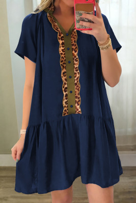 Navy Blue Button Detail Leopard Metallic Trim Short Sleeve Tunic Dress LC6127985-P605