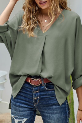 Green V Neck 3/4 Sleeve High Low Hem Shirt LC2511106-209