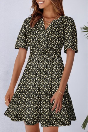 Black Floral Print Wrap V Neck Short Sleeve High Waistband Mini Dress LC6123039-P220