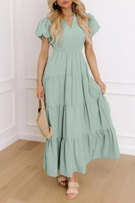 Clearly Aqua Solid Color V Neck Short Puff Sleeve High Waist Tiered Maxi Dress DLM61282445-P2709