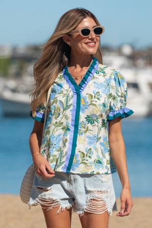 Beige Floral Print Contrasted Frilled Striped Trim Short Sleeve Blouse LC25134653-P1520
