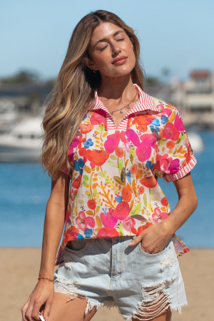 Rose Striped Trim Collared V Neck Short Sleeve Floral Print Blouse LC25135194-P620