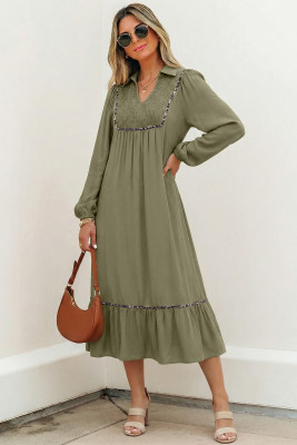 Four Leaf Clover Collared V Neck Smocked Detail Contrast Leopard Trim Bracelet Sleeve Long Dress LC6126460-P2909