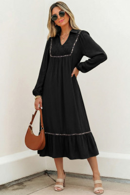 Black Collared V Neck Smocked Detail Contrast Leopard Trim Bracelet Sleeve Long Dress LC6126460-P2