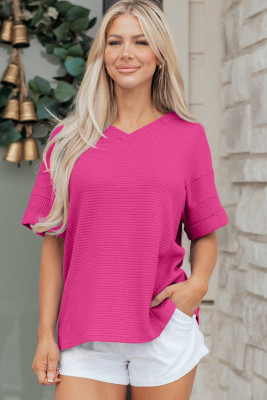 Strawberry Pink Waffle V Neck Short Sleeve Knit Top LC25135367-P306