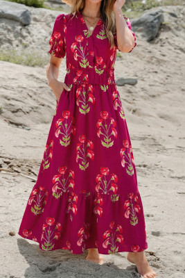 Red Floral Print Frilled V Neck Short Sleeve Ruffle Maxi Dress LC6126937-P10320