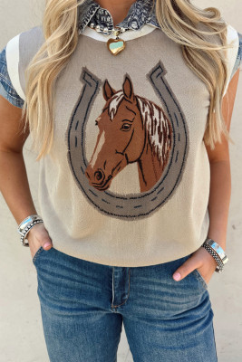 Parchment Horse Shoe Print Color Block Trim Round Neck Sleeveless Sweater LC2761069-P6016