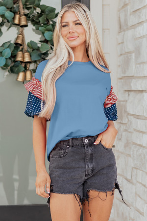 Beau Blue Stars Stripes Short Puff Sleeve Top LC25135385-P804