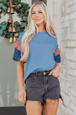 Beau Blue Stars Stripes Short Puff Sleeve Top LC25135385-P804