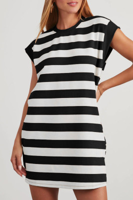 Black Stripe Cap Sleeve Shift T Shirt Dress LC6120205-P219