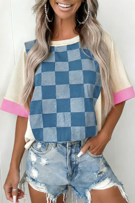 Dusk Blue Checkered Denim Patchwork Short Sleeve Loose Top LC25136571-P704