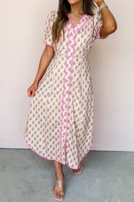 Pink Floral Print V Neck Scallop Trim Button Front Short Sleeve Long Dress LC6128017-P1020