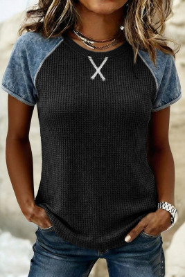 Carbon Grey Waffle Knit Seam Detail Color Block Patchwork Short Sleeve Top LC25136438-P4011