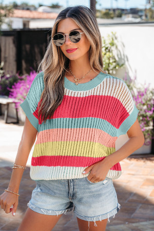 Green Stripe Color Block Hollow Out Knit Short Sleeve Sweater LC2771301-P919