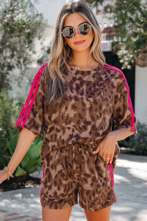 Brown Contrast Striped Accent Leopard Short Set LC628982-P1720