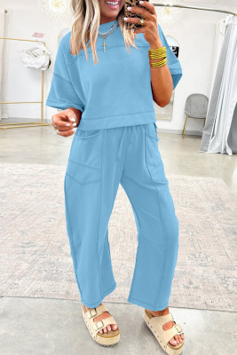 Sky Blue Drop Shoulder Boxy Tee and Barrel Pants Set LC628761-P304