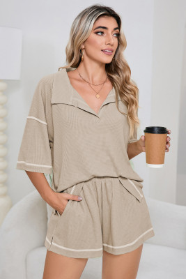 Light Beige-10 Breathable Waffle Color Block Trim 2pcs Casual Short Set LC626149-9016