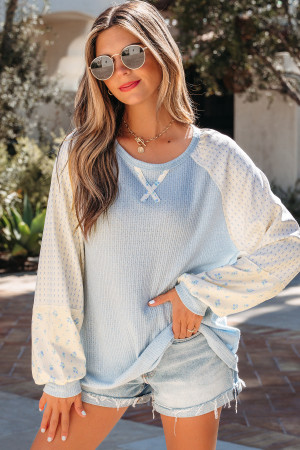 Beau Blue Textured Knit Color Block Floral Patchwork Long Sleeve Top LC25135793-P804