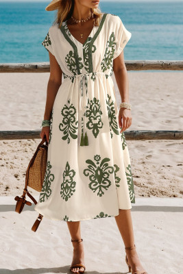 Apricot Abstract Print Embroidered Trim V Neck Drawstring High Waist Loose Vacation Dress LC6126633-P1820