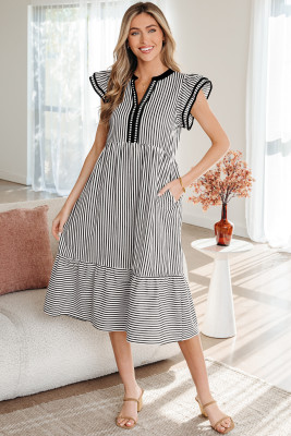 Black Stripe Double Ruffled Short Sleeve Contrast Trim V Neck Midi Dress DLM6126727-P219