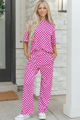 Rose Checkered Print Half Sleeve Tee 2pcs Lounge Pant Set LC151960-P620