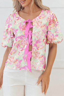 Pink Ribbon Knot Front Floral Short Puff Sleeve Blouse LC25135135-P1020