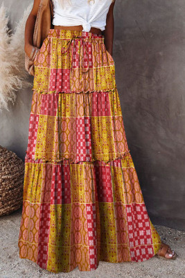 Orange Tiered Paisley Print Pocketed Maxi Skirt LC65608-14
