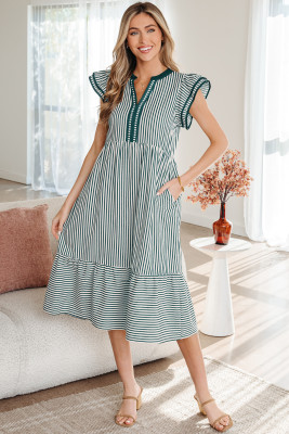 Green Stripe Double Ruffled Short Sleeve Contrast Trim V Neck Midi Dress DLM6126727-P919