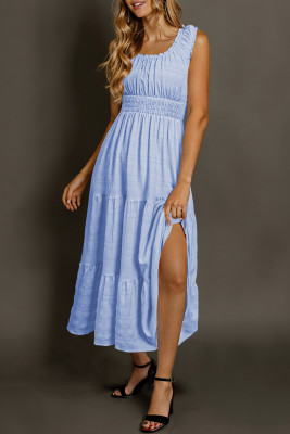 Sky Blue Shirred Pleated Square Neck Sleeveless Midi Dress LC6121911-4