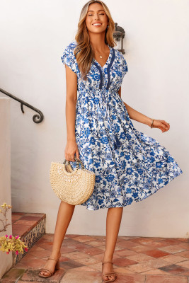 Sky Blue Abstract Print Embroidered Trim V Neck Drawstring High Waist Loose Vacation Dress LC6126633-P420