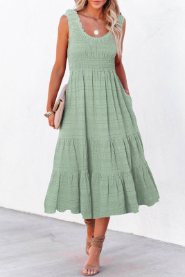 Green Shirred Pleated Square Neck Sleeveless Midi Dress LC6121911-9
