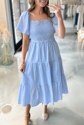Beau Blue Flowy Short Sleeve Lace Detail Square Neck Tiered Midi Dress LC6128036-P804