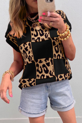 Black Leopard Checkerboard Short Sleeve Knit Sweater LC2771287-P222